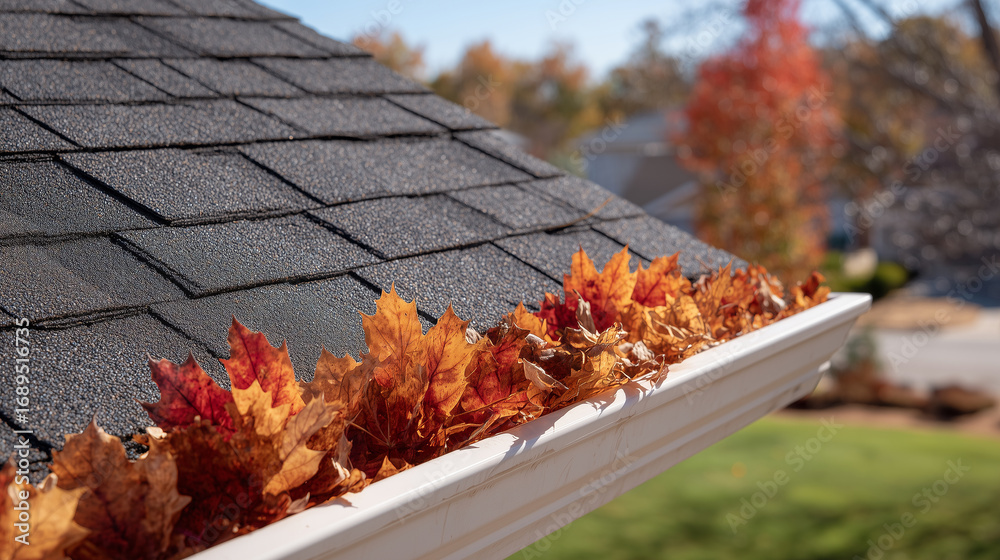 Fototapeta premium Close-up of house gutter overflowing with dry orange and brown autumn leaves, asphalt roof shingles visible, sunlight highlighting seasonal debris accumulation