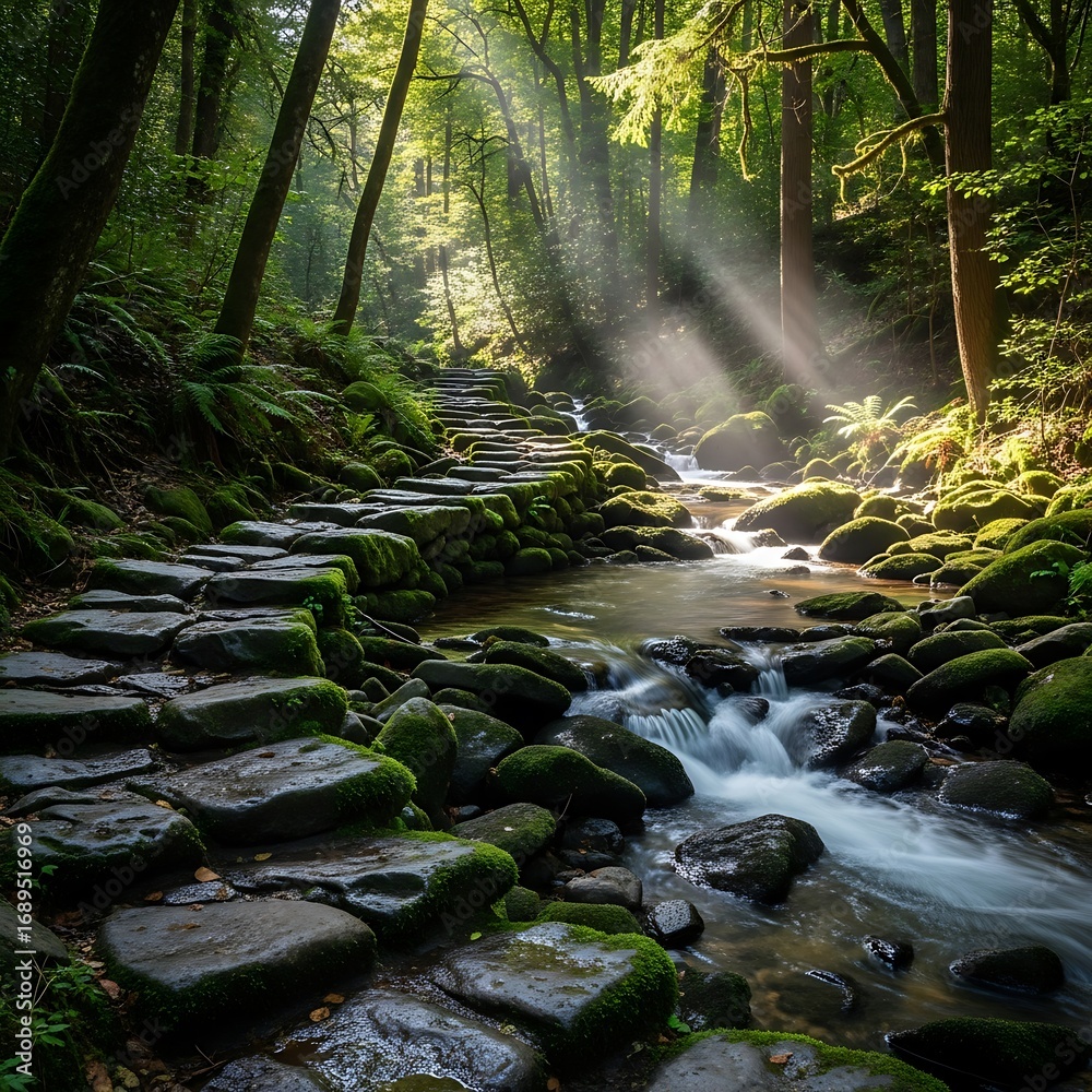 Obraz premium A serene stone pathway winds through a lush forest, sunlight streaming down through the trees onto a rushing brook.