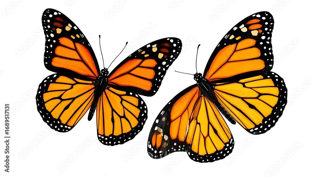 Fototapeta premium Two monarch butterflies in flight, vibrant orange and black wings against a white background