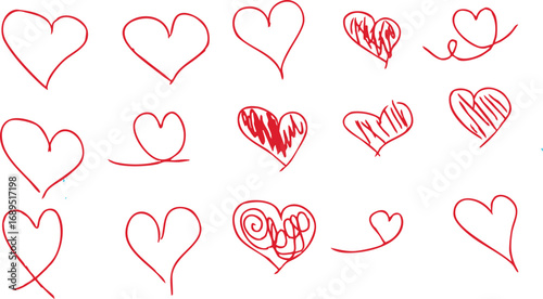 Collection of diverse hand-drawn red hearts on a white background, representing love and affection