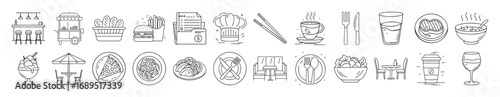 Restaurant and dining line icon set - Collection of thin line icons representing restaurants, dining, and food service. Includes icons of tables, trays, takeout boxes, chopsticks, burgers, coffee