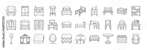 Home and interior furniture line icon set - Collection of thin line icons showing various home furniture including chairs, beds, tables, wardrobes, shelves, lamps, desks, and sofas.  
