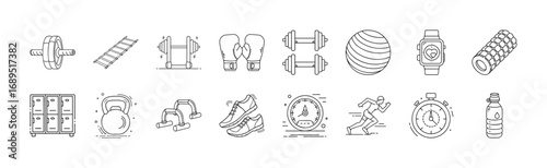 Fitness and gym equipment line icon set - Set of thin line icons representing gym, workout, and fitness items such as dumbbells, boxing gloves, jump rope, treadmill, exercise ball, stopwatch, and wate
