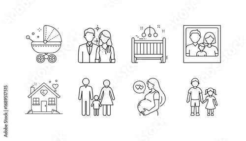 Family, parenting and childcare line icon set - Set of thin line icons depicting family life, including parents, children, baby stroller, crib, pregnancy, home, and family portrait. 
