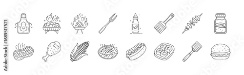 Barbecue and grilled food line icon set - Collection of thin line icons featuring barbecue items including sauces, grill, skewers, meat, corn, hot dogs, burgers, pizza, and drinks.
 