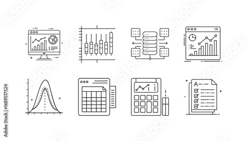 Finance, statistics and data analysis line icon set - Set of thin line icons representing finance, accounting, graphs, calculators, charts, reports, data processing, and business analysis tools.
