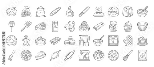 Baking and pastry cooking line icon set - Collection of thin line icons showing baking ingredients, cakes, bread, pastries, utensils, desserts, cookies, donuts, pies, and kitchen tools.
