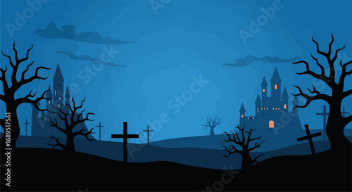 Spooky Halloween night scene with haunted castles, bare trees, and graveyard crosses under a dark sky. Eerie vector background.