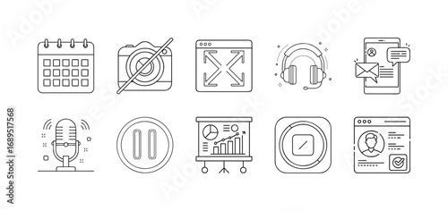 Digital media and content creation line icon set - Set of thin line icons representing media production, podcasting, music, video, analytics, online profiles, content sharing, and creative tools. 
