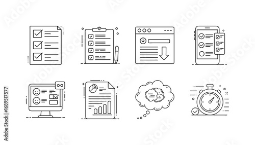 Project management and productivity line icon set - Collection of thin line icons representing project planning, tasks, reports, deadlines, analytics, time management, downloads, and productivity tool