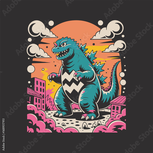 Retro kaiju monster roaming cityscape with fiery sunset clouds and jagged scales vector
