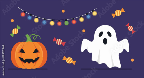 Cute Halloween assets vector set: carved pumpkin, friendly ghost, colorful string lights, and sweet candies for spooky season design.