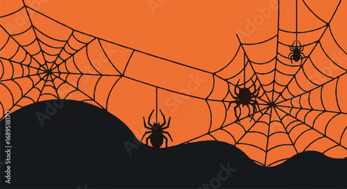 Spooky Halloween Vector Background: Black Spiderwebs & Spiders on Orange. Perfect seasonal design asset for autumn events.