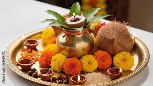 Traditional Hindu Pooja Thali with Kalash, Flowers, and Diyas Navratri