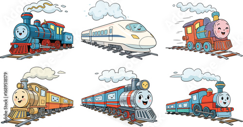 Cartoon cute trains collection, smiling steam locomotive, modern bullet train, vintage railway engine, happy transportation vehicle illustration, kids travel art