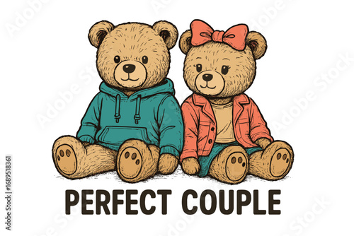 Cute teddy bears dressed in colorful outfits sit together showcasing their perfect couple charm