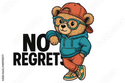 Bear character in a colorful outfit promoting a positive mindset without regrets in a playful design