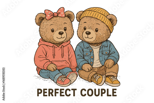 Cute bears sitting together in casual attire, showcasing companionship and love in a playful illustration