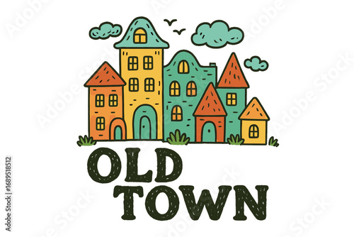 Colorful illustration of old town buildings featuring tall towers and distinctive rooftops in a whimsical design