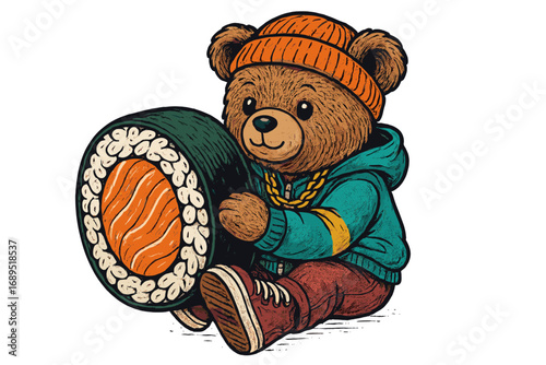 Cute bear character holding a big sushi roll in a colorful outfit sitting on the ground with a playful expression