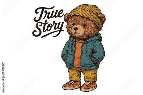 Cute bear character in a hooded jacket and beanie expresses wisdom with a 'True Story' caption in a playful design