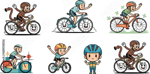 Cartoon cyclists illustration, kids riding bicycles, funny monkey cycling, cute bike characters, happy children on bikes, playful sports vector, cartoon design