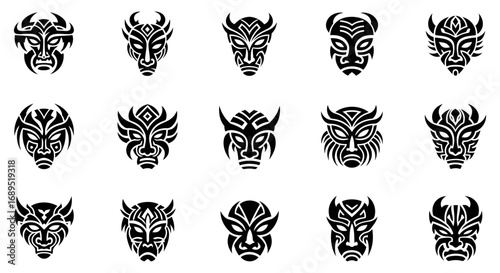 Intricate Tribal Masks, Vector Art Collection Exploring Ancient Cultures, Artistic Expressions, and Symbolic Designs 