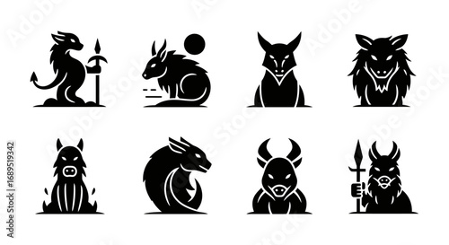 Vectorized Collection of Mythical Creatures, Emblems, and Beast Icons for Fantasy Designs and Silhouette Art Projects 