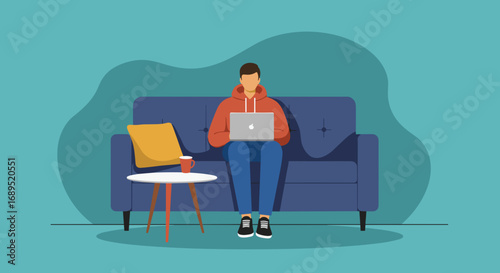 Young person in a hoodie using a laptop on a comfortable sofa, representing remote work, online education, or leisure at home.