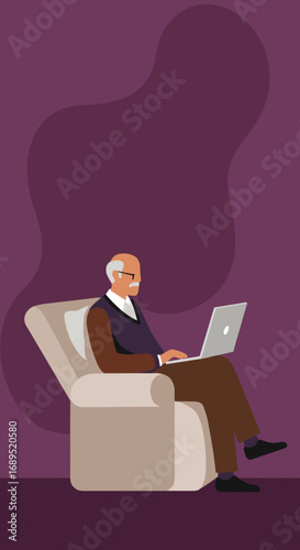 Elderly man relaxing comfortably in an armchair, engaged with his laptop. Depicts modern senior lifestyle, digital engagement, and remote connectivity.