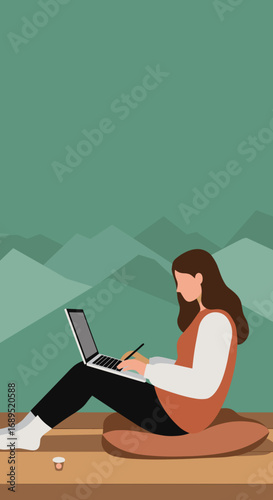 Woman working remotely on a laptop in a peaceful outdoor mountain setting, embodying flexible work and modern lifestyle productivity.
