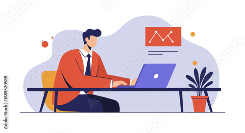 Focused businessman works on laptop in office, analyzing data and managing finances. Ideal for concepts of productivity, remote work, and business growth.