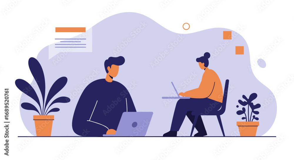 Fototapeta premium Two individuals collaborating remotely or in a shared office, working on laptops. Ideal for business, technology, online education, and modern workspace concepts.