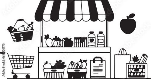 Simple Line Art Illustration of a Fresh Produce Market Stall