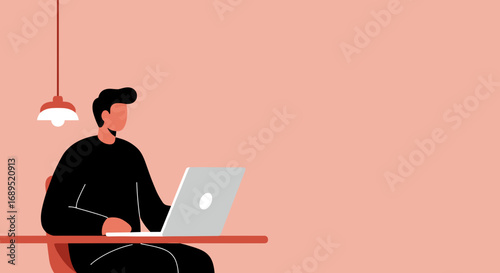 Illustrated man focused on his laptop, working remotely or studying online in a modern interior. Ideal for business, education, or technology themes.