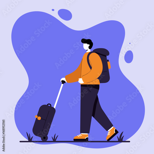 Stylized traveler with backpack and rolling suitcase, ready for a journey or vacation. Represents travel, adventure, and global exploration concepts.