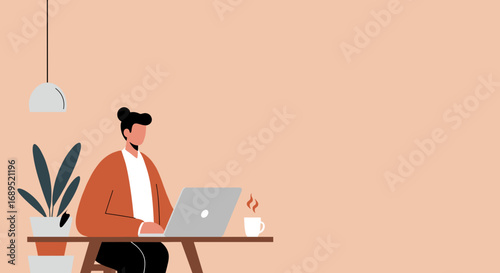 Person works remotely on a laptop at a modern desk with a steaming coffee and plant. Represents freelance work, online business, and productive lifestyle.