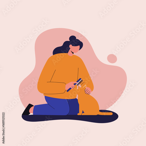 Caring woman gently combs her orange cat, illustrating pet grooming, daily routine, and loving animal care. Ideal for lifestyle and domestic concepts.