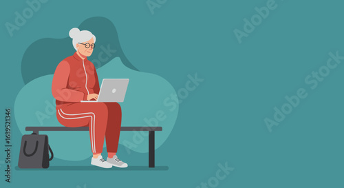 Smiling senior woman in a tracksuit actively using a laptop on a bench. Illustrates active aging, digital literacy, and modern senior lifestyle, perfect for technology or lifestyle themes.