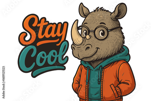 Rhino character wearing glasses and hoodie promotes stay cool message in vibrant illustration