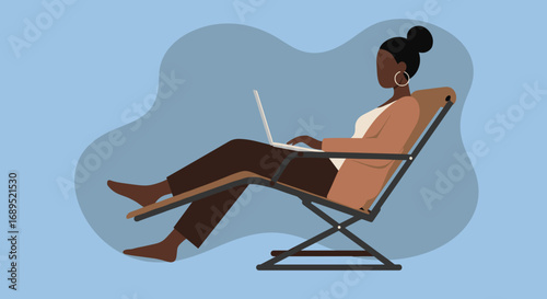 Black woman relaxing in a lounge chair while working on her laptop, embodying remote work flexibility and modern lifestyle. Ideal for business and leisure concepts.