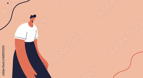 Modern minimalist illustration of a man standing thoughtfully against a peach background with abstract lines. Ideal for design, marketing, or lifestyle concepts.