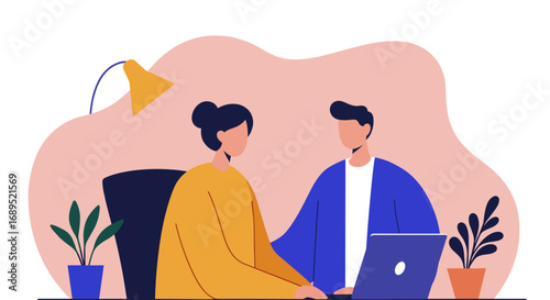 Two colleagues collaborate at a desk with a laptop, highlighting teamwork, productivity, and modern office work. Ideal for business, partnership, and project concepts.