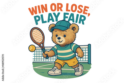 Cute bear mascot playing tennis with a racket in a sunny outdoor court during a friendly match