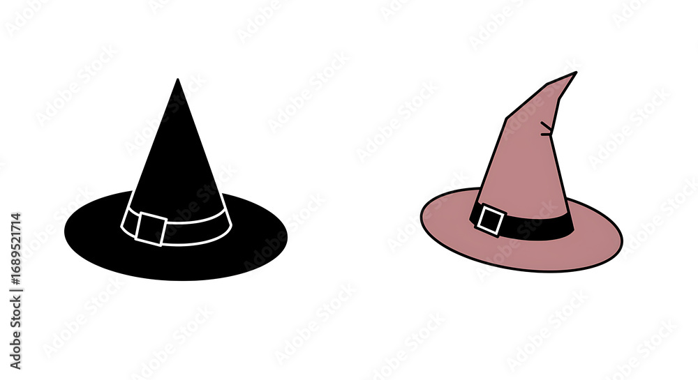 Fototapeta premium Two witch hats, one black and one pink, with buckles, isolated on a white background, perfect for Halloween and magic themes