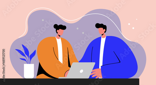 Two diverse professionals collaborate on a laptop, embodying teamwork, innovation, and modern business productivity in an office setting.