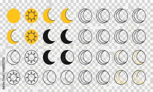 Moon Phases Cycle with Sun Icon | Lunar Cycle Diagram for Science Education, Astronomy Illustrations, Celestial Events