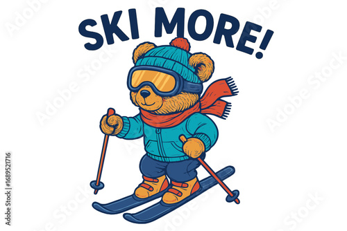 Cute bear skiing on slopes wearing goggles and a cozy outfit with a fun message encouraging more skiing