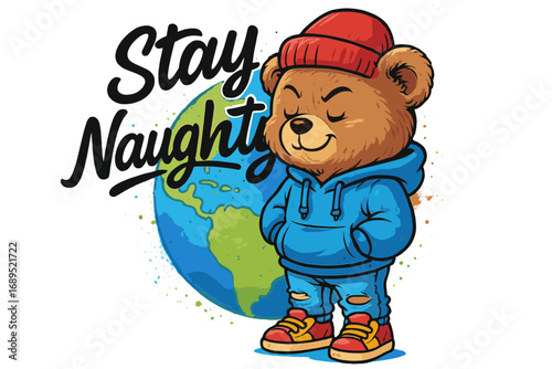 Cute bear character in a hoodie promotes a playful message with world backdrop and vibrant colors during daytime