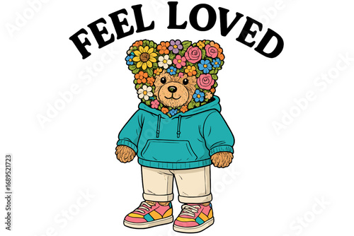 Cute bear character wearing blue hoodie and colorful sneakers with floral design on head promoting positivity and love